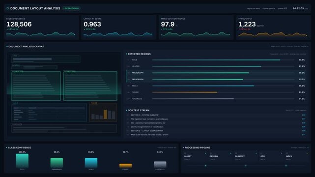 Document layout analysis interface in 4k, for data processing, digital transformation, artificial intelligence monitoring, technological efficiency