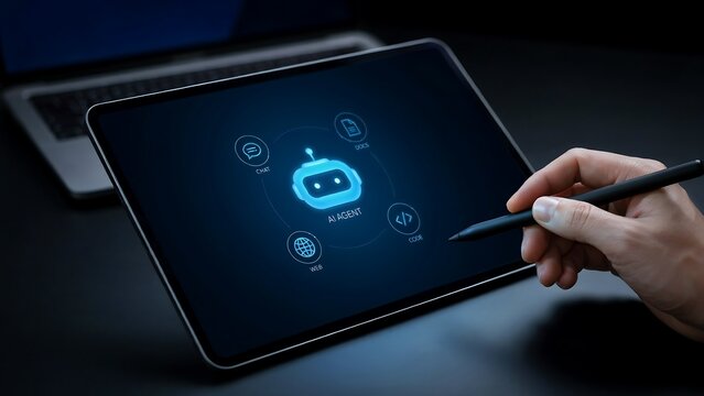 Person interacting with an AI bot interface on a touchscreen tablet in a dark workspace