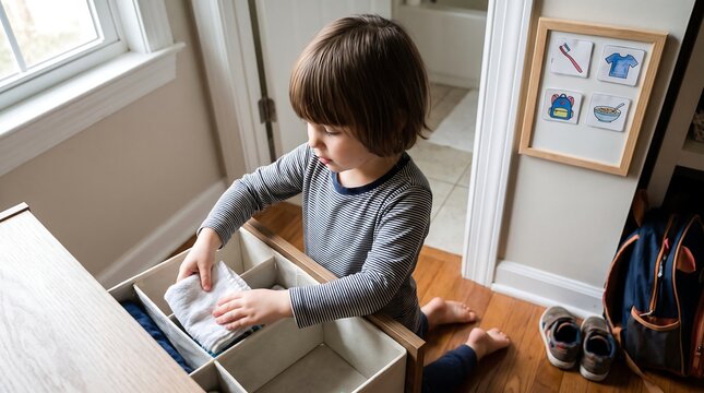 Child Organizing Personal Belongings Independently At Home