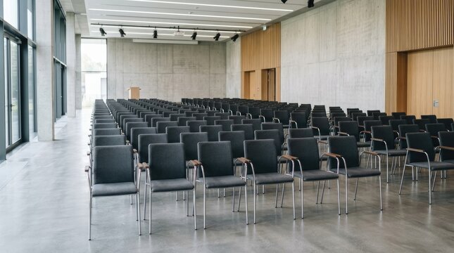 A large, empty conference hall is filled with rows of black chairs arranged in a lecture setting. The hall features a concrete wall, wooden paneling, and a raised stage.