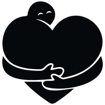 Self love concept vector icon showing abstract character hugging a giant heart shape.