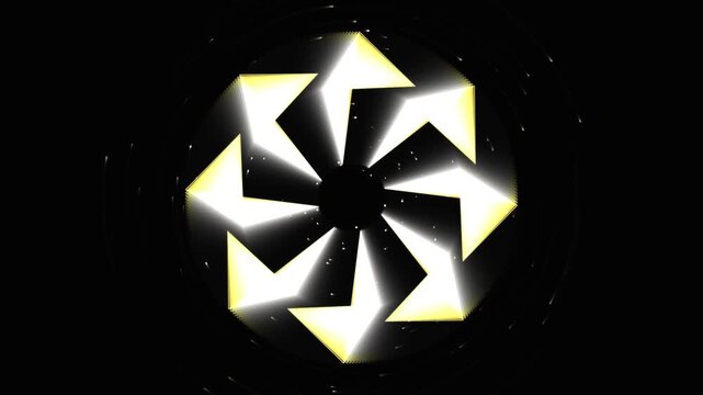 Abstract glowing circular geometric pattern with rotating arrow shapes