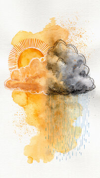 Artistic watercolor illustration showing a sun partially covered by an orange cloud and a gray cloud raining.