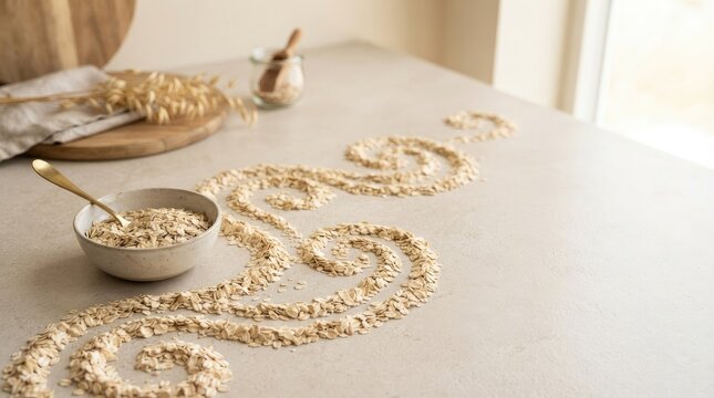 A bowl of oats and a scattering of oat grains create a swirling pattern on a light gray countertop. A wooden cutting board and a spoon rest are visible in the background.