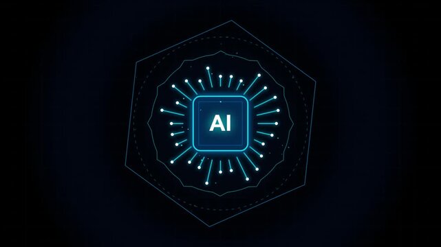 Artificial intelligence microchip core glowing inside futuristic hexagonal circuit board hud interface
