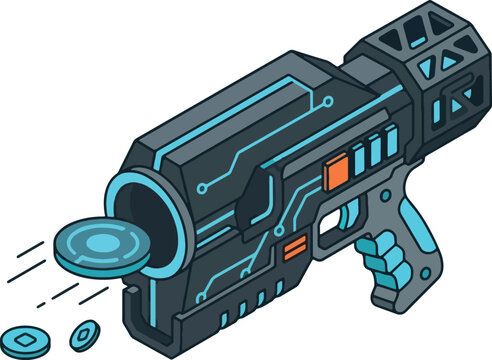 Isometric Futuristic Sci-Fi Coin Blaster Gun Illustration Featuring Neon Circuitry Details and Floating Digital Currency Tokens