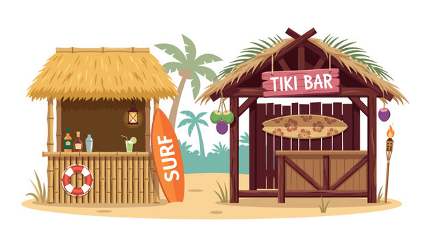 Tropical tiki bar and beach shack vector element set. Bamboo cocktail counter, straw thatched roof hut, surfboards, palm trees, cocktails, lifebuoy, coconut decoration and sand shore landscape.