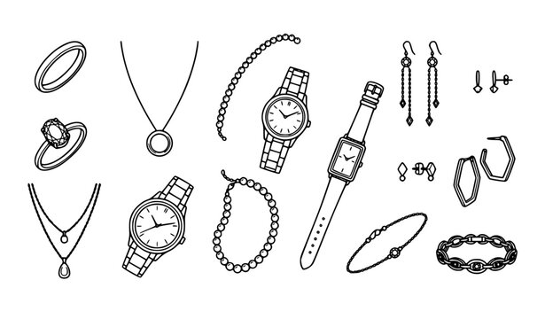 Elegant luxury jewelry editable stroke outline icons for rings necklaces watches and earrings