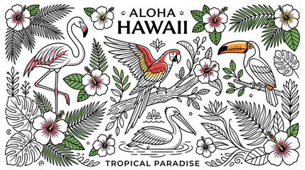 Obraz premium Tropical Paradise Collection Aloha Hawaii Birds Flowers