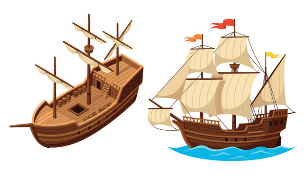 Old wooden sailboat and medieval galleon vector element set. Isometric vessel deck, multi-deck caravels with white sails, colored flags, rigging lines and blue ocean waves.