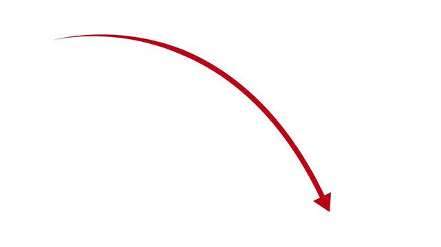 Red curved arrow drawing pointing downwards dynamically Designed for business presentations, financial decline overlays