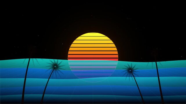 Synthwave style retro sunset landscape with palm trees and digital ocean grid