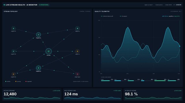 Modern 4k video interface with stream health ai monitor dashboard, for data analytics, cloud computing, network security, advanced technology operations