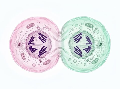 Cell division process illustrating mitosis with chromatin, spindle fibers, and cell structures