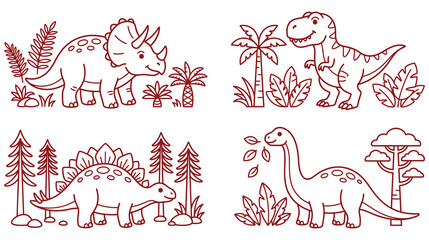 Cute prehistoric dinosaur species in nature landscape set line art educational activity art. © Md