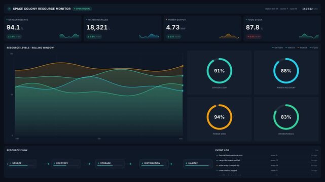 Space colony resource monitor interface in 4k, for futuristic technology data analytics, sci fi user experience, digital colony management systems