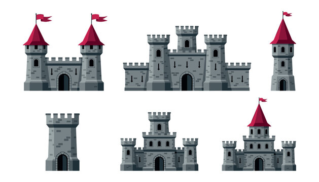 Medieval castle fortress and stone citadel flat vector set. Middle ages kingdom palace, watchtower, gatehouse, arch gate, red roof cone, flag and fantasy game environment element.