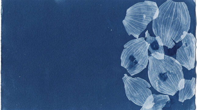 Indigo Cyanotype Style Background with Delicate Onion Skin Impressions and Copy Space