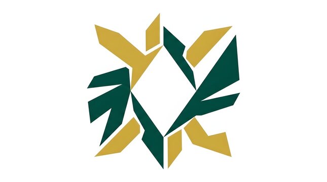 Abstract geometric logo with symmetrical green and gold angular shapes forming a central diamond for corporate branding identity and modern vector design