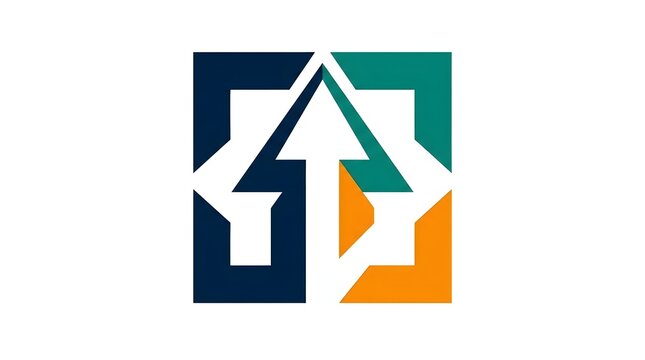 Abstract Geometric Logo Design Featuring A Central Upward Arrow Shape Within A Divided Square Frame In Blue Teal And Orange Tones