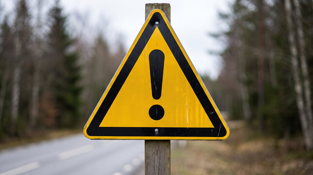 Triangular yellow warning sign featuring a stark black exclamation mark mounted on a weathered wooden post beside a quiet rural road during an overcast daylight photography session outdoors