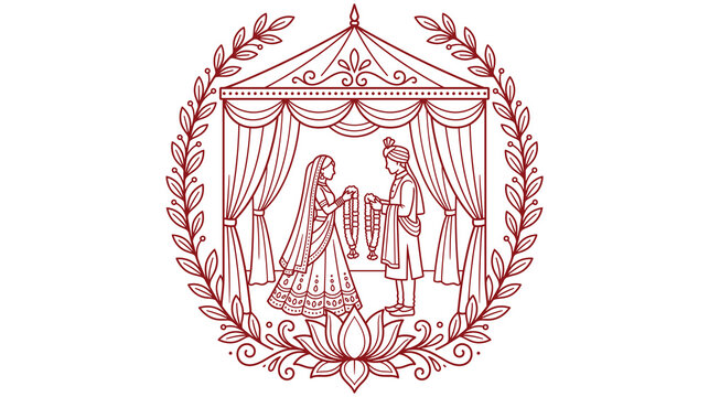Indian wedding couple performing traditional varmala exchange ritual under ornate pavilion.
