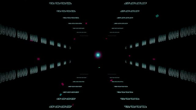 Abstract digital tunnel with repeating good text and floating particles
