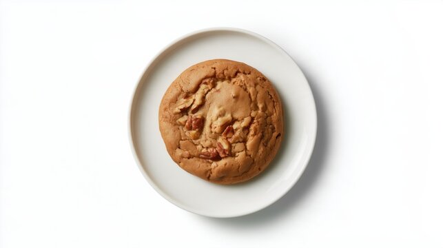 Single freshly baked pecan cookie on a white ceramic plate overhead view