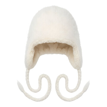 White fuzzy winter trapper hat with earflaps on transparent background