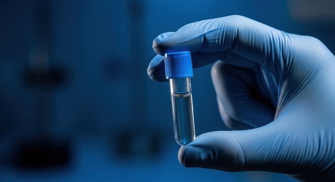 A hand holding a test tube with a blue cap, containing a clear liquid, in a laboratory setting.