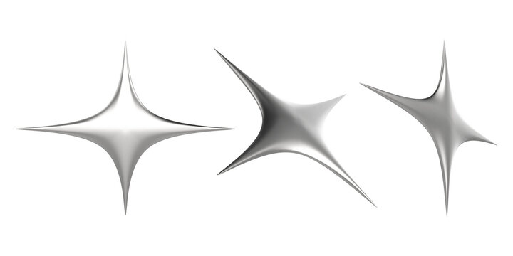 3D Chrome Four Pointed Star Sparkle Geometric Shapes Transparent Background