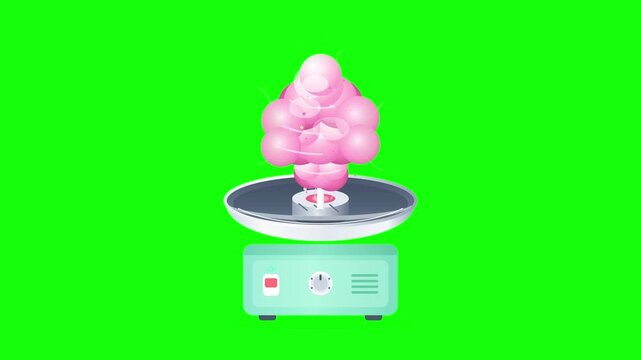Cotton Candy Machine Making Pink Candy Floss, Flat Vector Animation on Green Screen