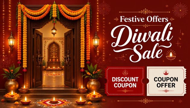 Diwali Sale Festive Offers Banner with Traditional Home Entrance and Discount Coupons
