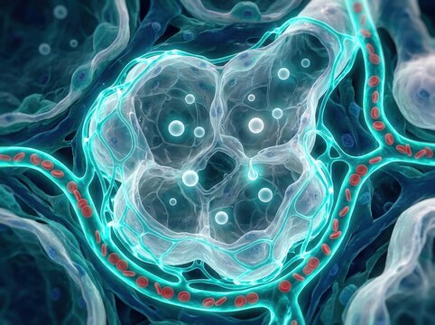 Abstract close-up of biological cells with glowing edges and red blood cells under microscope
