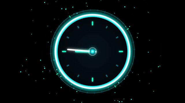 Futuristic neon clock animation with glowing cyan HUD graphics, digital timer video background for science fiction video editing