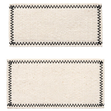 Two rectangular fabric patches with zigzag stitched edges are displayed on a white background rectangle sewing textile material craft handmade