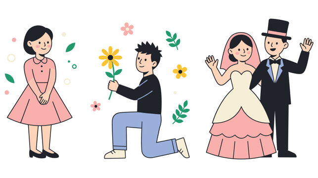Wedding proposal scene with bride and groom and bridesmaid illustration.