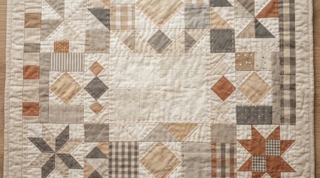 A handcrafted patchwork quilt is displayed on a wooden surface. The quilt features a variety of geometric blocks in muted earth tones, including beige, brown, gray, and tan.