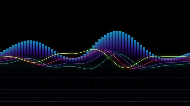 Colorful waveform audio equalizer rainbow frequency waves moving on black background