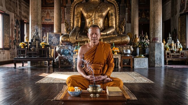 Peaceful Buddhist monk meditating in a traditional Thai temple with golden Buddha and incense smoke for spiritual and mindfulness use.