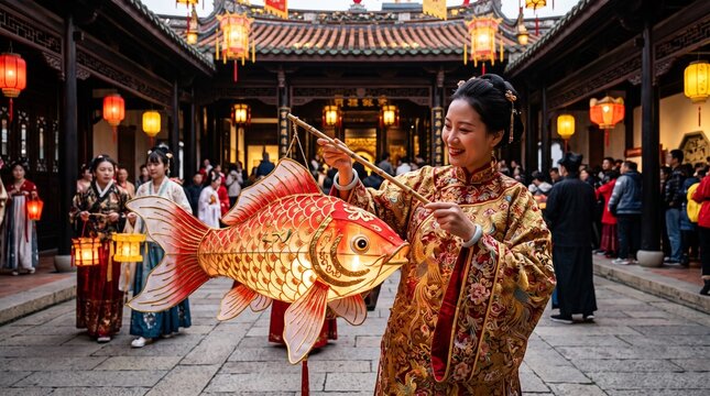 Smiling woman in traditional dress holds a glowing fish lantern at a Chinese festival, ideal for Lunar New Year and cultural travel visuals.