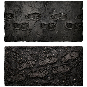 Footprints embedded in cracked dark mud present a textured surface with repeating sole patterns imprints tracks tread pattern earth terrain