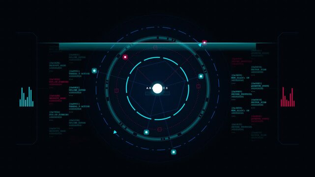 Seamless loop of a futuristic holographic computer processing and analyzing data with rotating rings, scanning laser, and floating digital codes.