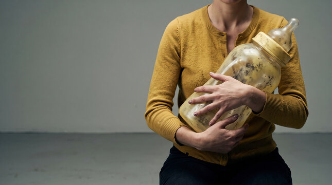 Woman Embracing Giant Baby Bottle, Overwhelming Parenting Pressure and Childcare Worries