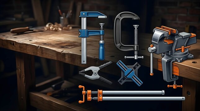 Workshop clamps and vises collection on a wooden workbench