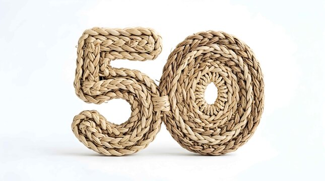 Woven braided straw number fifty isolated on white background