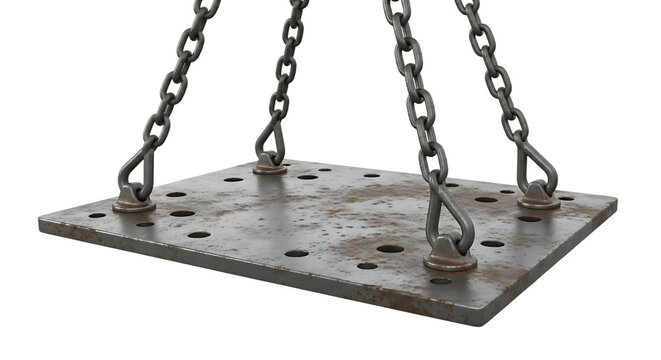 Old rusted metal playground swing set with chains hanging from ceiling isolated on transparent background