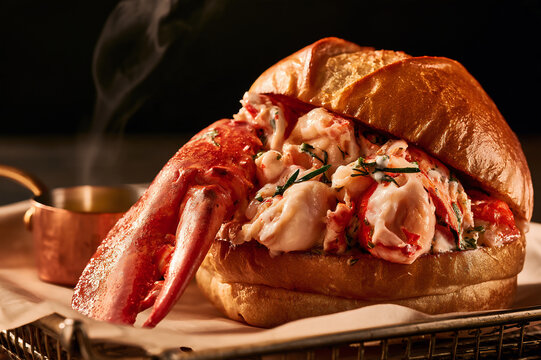 brioche lobster roll packed with giant claw meat and drawn butter
