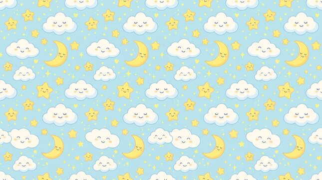 Cute Kawaii Night Sky Pattern: A whimsical and adorable seamless pattern featuring smiling moon faces, fluffy clouds, and twinkling stars on a soft blue background.