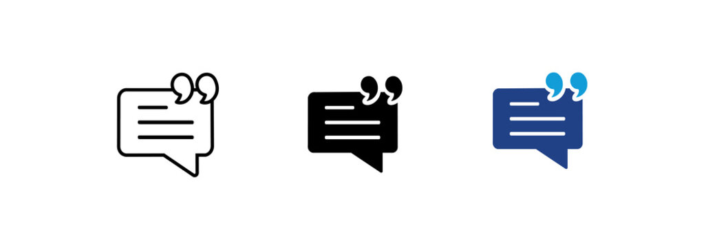 Speech bubble icon set. Speech bubble symbols with quotation marks, representing communication, messaging, and dialogue.